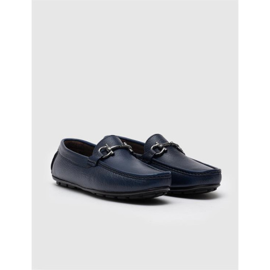 Genuine Leather Blue Buckle Men's Loafers