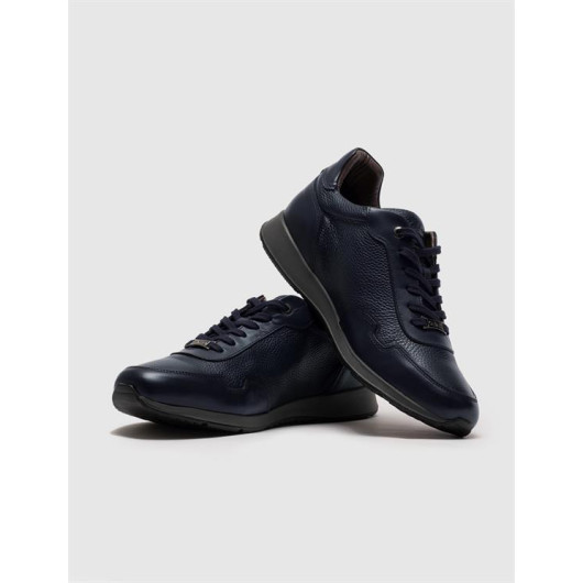 Genuine Leather Special Design Navy Blue Lace-Up Men's Sports Shoes