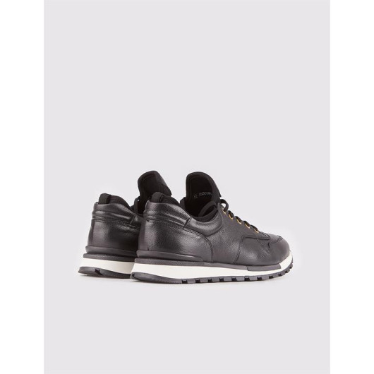 Genuine Leather Black Laced White Thermo Sole Men's Sports Shoes