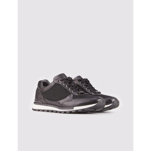 Genuine Leather Black Lace-Up Leather Covered Non-Slip Rubber Sole Men's Sports Shoes