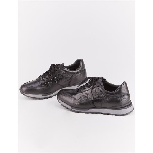 Genuine Leather Black Laced Patterned Men's Sports Shoes