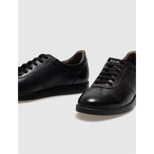 Genuine Leather Black Lace-Up Men's Casual Shoes