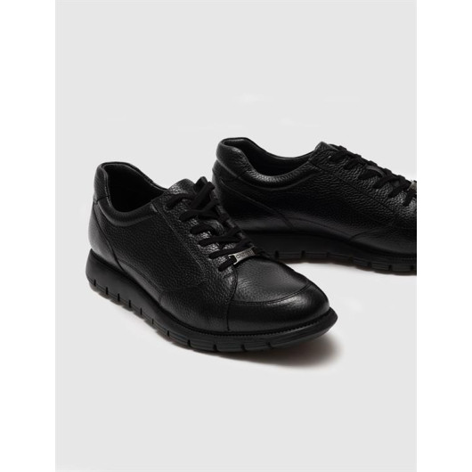 Genuine Leather Black Lace-Up Men's Casual Shoes