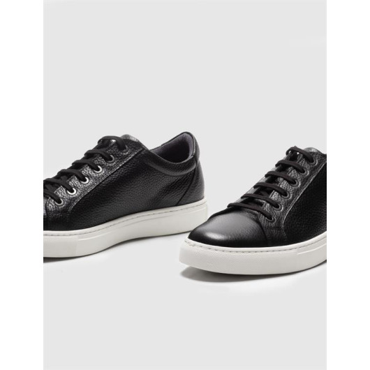 Genuine Leather Black Lace-Up Men's Sneaker Shoes