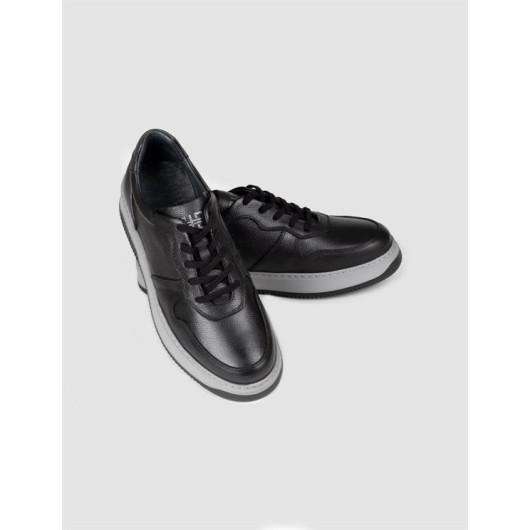 Genuine Leather Black Lace-Up Men's Sneaker Sports Shoes