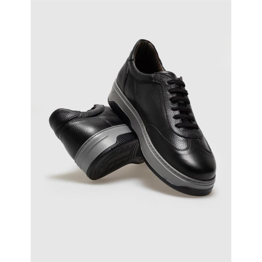 Genuine Leather Black Lace-Up Men's Sports Shoes