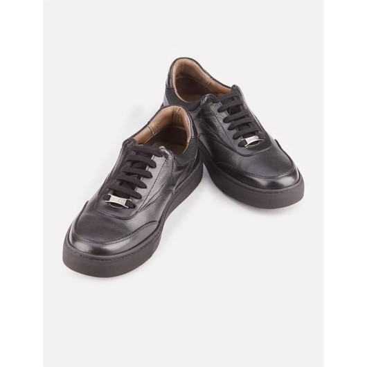 Genuine Leather Black Lace-Up Men's Sports Shoes