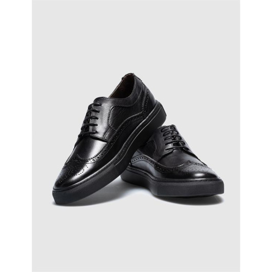 Genuine Leather Black Lace-Up Men's Sports Shoes