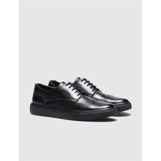 Genuine Leather Black Lace-Up Men's Sports Shoes