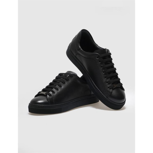 Genuine Leather Black Lace-Up Women's Sneakers