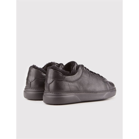 Genuine Leather Black Laced Shearling Men's Sports Shoes