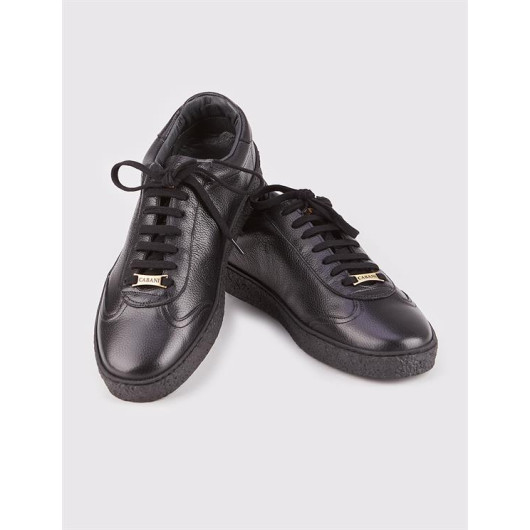 Genuine Leather Black Laced Special Pattern Men's Sports Shoes