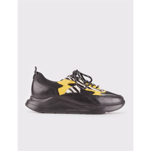 Genuine Leather Black Lace-Up Colorful Women's Sports Shoes