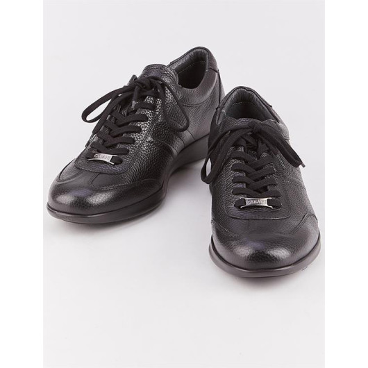 Genuine Leather Black Laced Sides Stitching Pattern Men's Casual Shoes