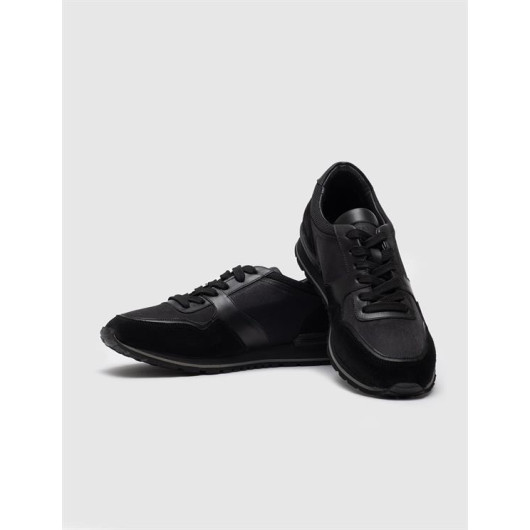 Genuine Leather Black Lace-Up High Soled Men's Sports Shoes