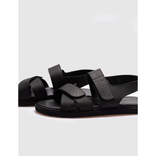 Genuine Leather Black Velcro Men's Daily Sandals