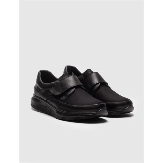 Genuine Leather Black Velcro Closure Men's Casual Shoes