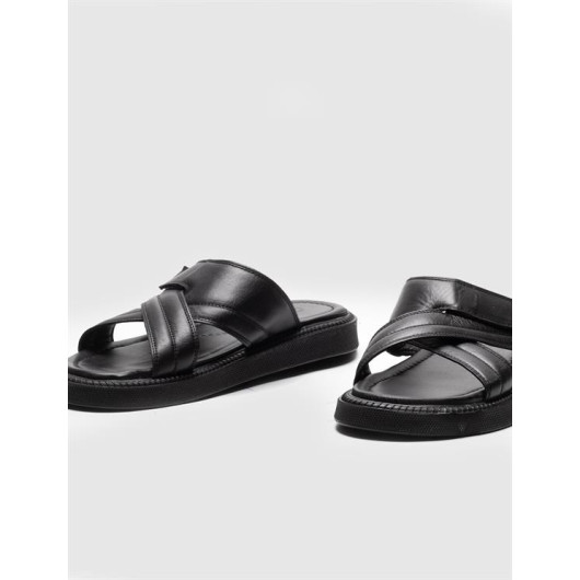 Genuine Leather Black Velcro Closure Men's Casual Slippers