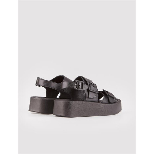Genuine Leather Black Women's High Soled Sandals
