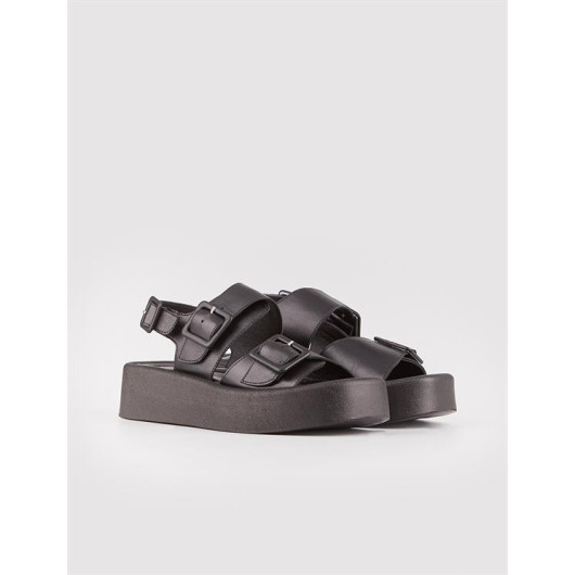 Genuine Leather Black Women's High Soled Sandals