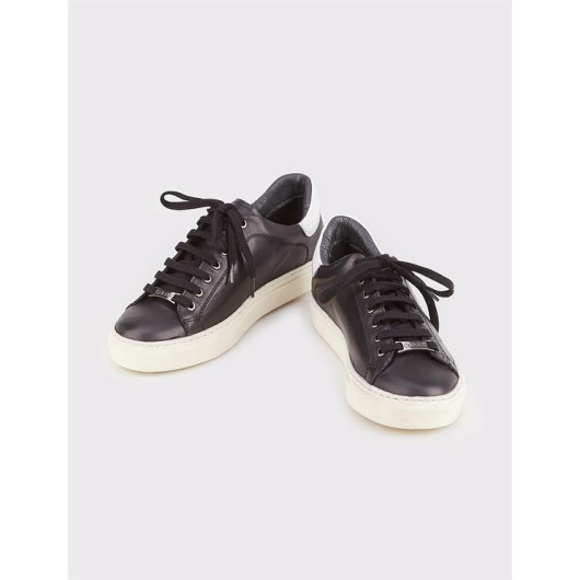 Genuine Leather Black Sneaker Lace-Up Women's Sports Shoes