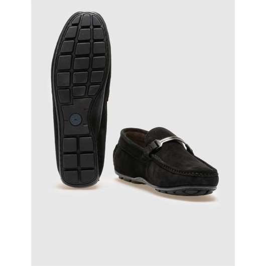 Genuine Leather Black Suede Buckle Men's Loafers