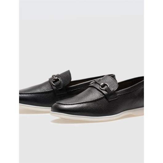 Genuine Leather Black Buckle Men's Loafers