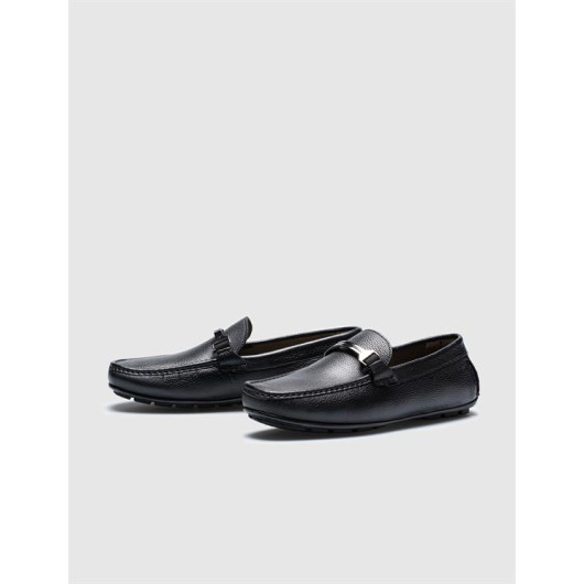 Genuine Leather Black Buckle Men's Loafers