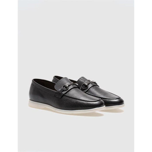 Genuine Leather Black Buckle Men's Loafers