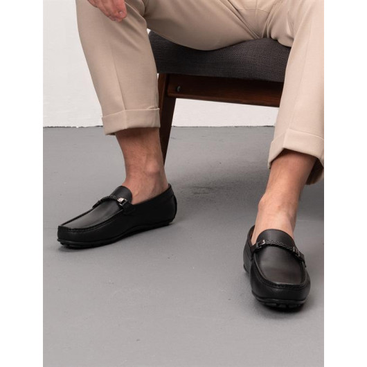 Genuine Leather Black Buckled Men's Loafer Shoes