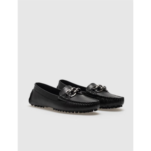 Women's Loafer With Genuine Leather Black Buckle