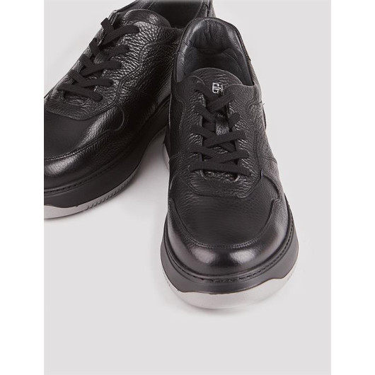 Genuine Leather Sneaker Black Lace-Up Men's Sports Shoes