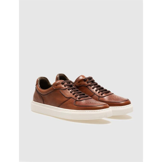 Genuine Leather Tobacco Lace-Up Men's Sneakers