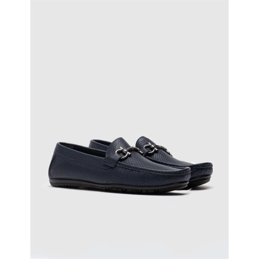 Genuine Leather Buckle Detail Navy Blue Men's Loafers