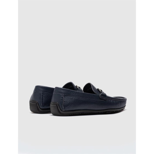 Genuine Leather Buckle Detail Navy Blue Men's Loafers