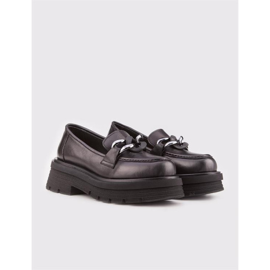Genuine Leather Buckle Detailed Black Women's Casual Shoes