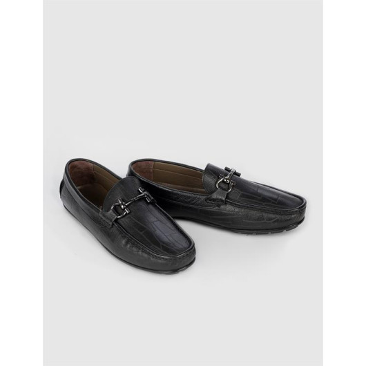 Black Men's Loafers With Genuine Leather Buckles