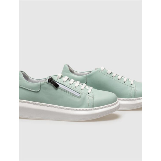 Genuine Leather Green Lace-Up Women's Sneakers