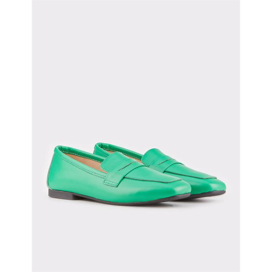Genuine Leather Green Women's Loafer Shoes
