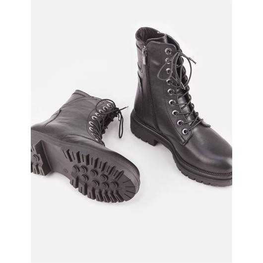 Women's Genuine Leather Black Zipper Lace-Up Boots