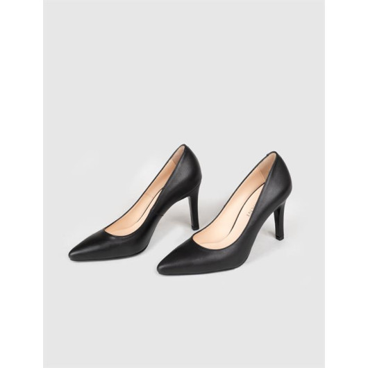 Women's Genuine Leather Black Thin Heeled Stiletto