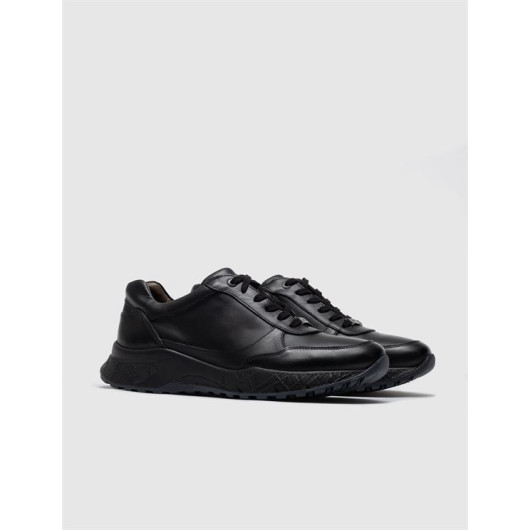 Rubber Sole Genuine Leather Men's Black Lace-Up Sneaker Sports Shoes