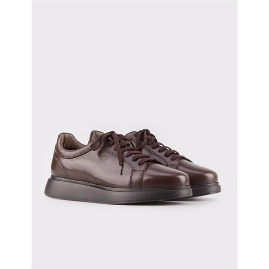 Rubber Sole Genuine Leather Brown Lace Up Men's Sports Shoes