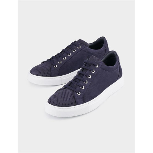 Rubber Sole Genuine Leather Navy Blue Lace-Up Men's Sports Shoes