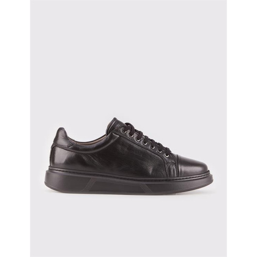 Rubber Sole Genuine Leather Black Laced Men's Sports Shoes