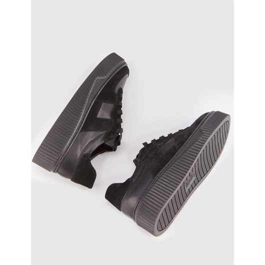 Rubber Sole Genuine Leather Black Laced Women's Sports Shoes