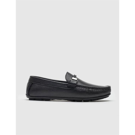 Rubber Sole Genuine Leather Black Men's Loafer Shoes