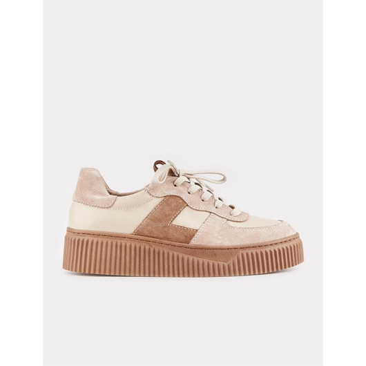 Rubber Sole Genuine Leather Beige Lace-Up Women's Sneakers
