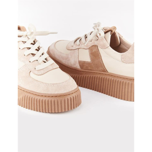 Rubber Sole Genuine Leather Beige Lace-Up Women's Sneakers