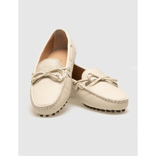 Rubber Sole Genuine Leather Beige Women's Loafer Shoes
